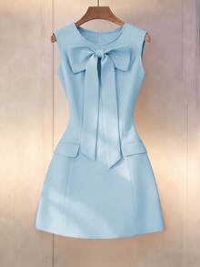 SHEIN Franclia 纯色圆领修身前蝴蝶结无袖女式连衣裙 - 藍色 - 查看 6