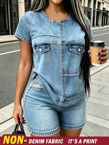 Rovax Plus Size Denim Effect Print Top And Shorts 2 Pieces Set - Multicolor - View 1
