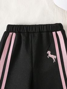 SHEIN Playful Pals 2件組女嬰春/秋季粉色拼接運動休閒馬尾刺繡半拉鍊立領長袖套頭運動衫與側條紋寬腿褲套裝，女嬰秋冬穿搭，女嬰返校穿搭 - 黑色 - 查看 5