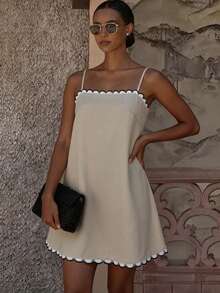 Cévolie Women's Colorblock Casual Daily Summer Spaghetti Strap Dress - Khaki - View 4