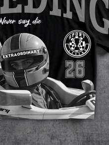 Manfinity ZONE917 方正短版寬鬆做舊 F1 賽車手 #26 獎盃 Logo 英文印花短袖 T 恤，街頭風，送給朋友的禮物（高品質） - 黑色 - 查看 4