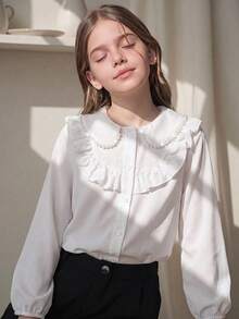 SHEIN Young Girl Young Girl Woven Solid Color Peter Pan Collar Casual Shirt - White - View 2