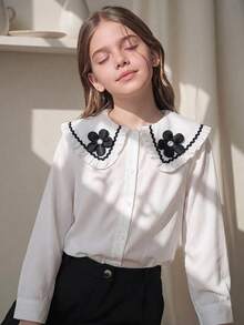 SHEIN 女童編織3D花卉大領休閒襯衫 - 白色 - 查看 2