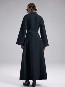 LYSMO Women's Front Button Long Side Slit Dress Dinner Office Black Autumn Elegant - Navy Blue - View 2