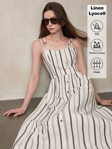 Zovinel Linen Lyocell Women's Geometric Pattern Black And White Striped Single-Breasted Cinched Waist Pocket Cami Dress,Formal Commute Work Vacation Outfit - Multicolor - View 9