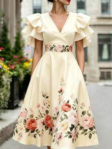 Balvessa Commuter Fashion Elegant Long Multi-Layer Ruffle Dress - Pale Yellow - View 6