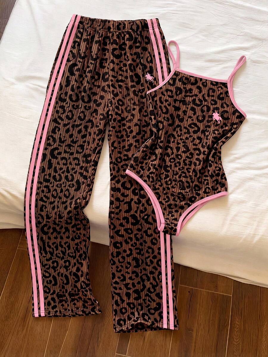 SHEIN ملابس فتيات المراهقات الخريفية بتصميم فريد عتيق متعدد الاستخدامات، طقم ملابس علوية كاميسول محبوك ضيق الساق & بنطال واسع الساق، ملابس الخريف/الشتاء، العودة إلى المدرسة، محبوك - متعدد الألوان - مشاهدة 1