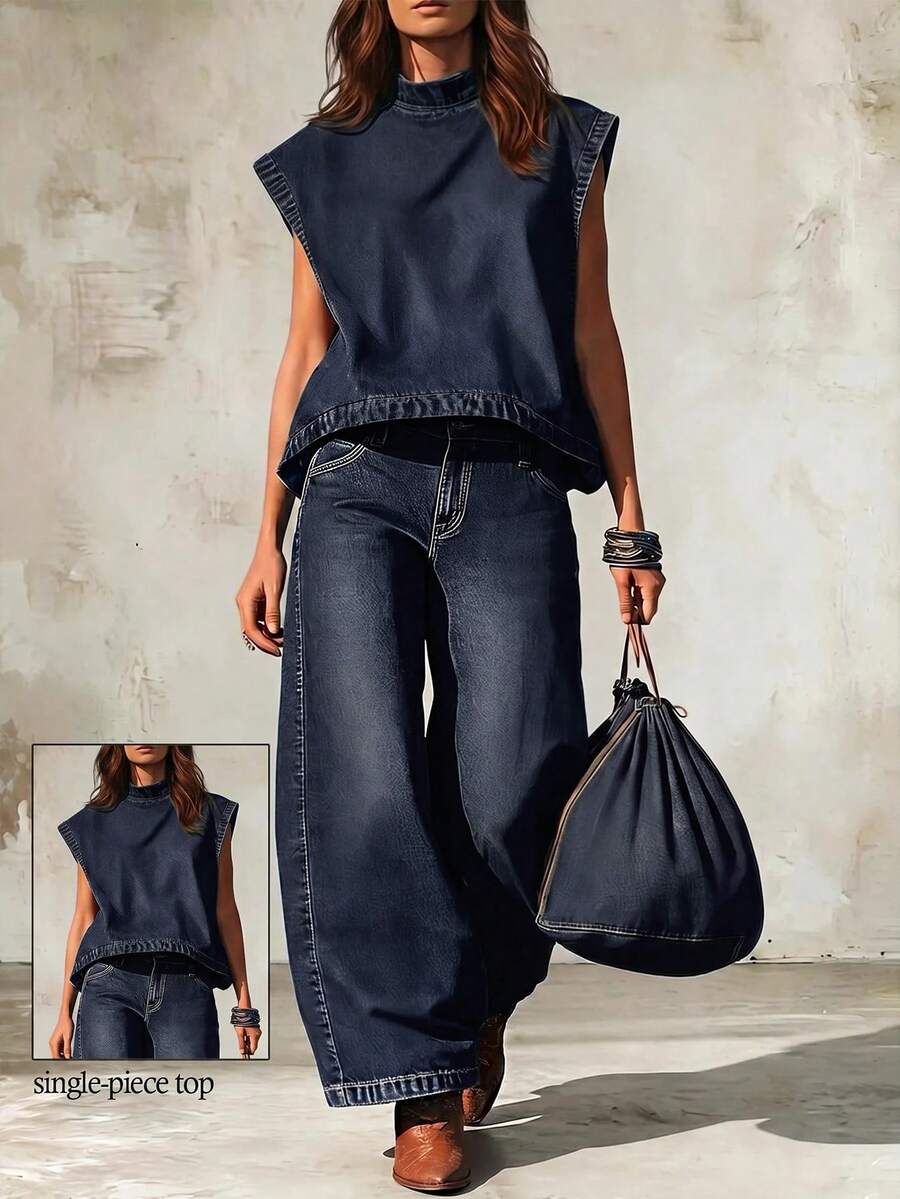 Balvessa Women's Stand Collar Back Zipper Design Loose Casual Denim Top - Blue - View 1