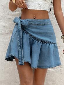 Rivivi Plus Size Women's Pleated Casual Traditional Versatile Everyday Denim Mini Skirt Vacation Navy Blue Summer - Blue - View 1