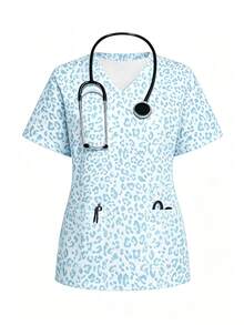 PopScrub Casual Minimalist Scrub Scrub Uniform Top, Blue Leopard Print Pattern, Suitable For Work Commute, Pet Hospital - Multicolor - View 1