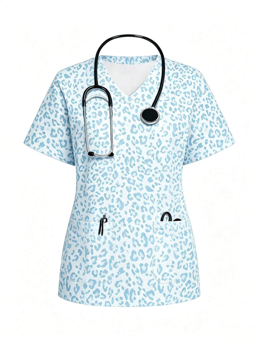 PopScrub Casual Minimalist Scrub Scrub Uniform Top, Blue Leopard Print Pattern, Suitable For Work Commute, Pet Hospital - Multicolor - View 1
