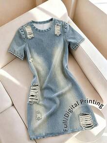 Franclia 2026 Spring/Autumn/Winter Women's Casual Fashion Basic Blue Round Neck Long Sleeve Slim Fit Mini Dress, Suitable For Autumn/Winter Outings - Blue - View 1