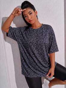 SHEIN Rhythm Era 休閒百搭粉色大尺碼圓領輕便運動上衣 - 黑色 - 查看 3