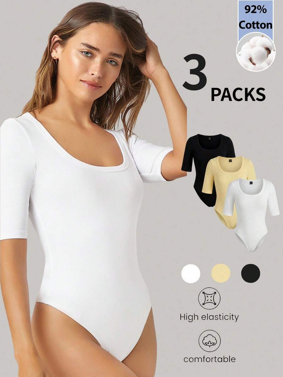 SHEIN BASICS 女款夏季休閒基礎極簡純色短袖連身衣,日常穿著,黑色與白色,柔軟舒適,適合日間日常穿搭 - 彩色 - 查看 1