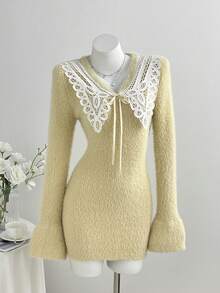Elamini Y2K Romantic Elegant Girl Fitted Knit Sweater Dress Solid Color Lace Bow Short Autumn/Winter Tea Party Everyday Cream White - Yellow - View 1