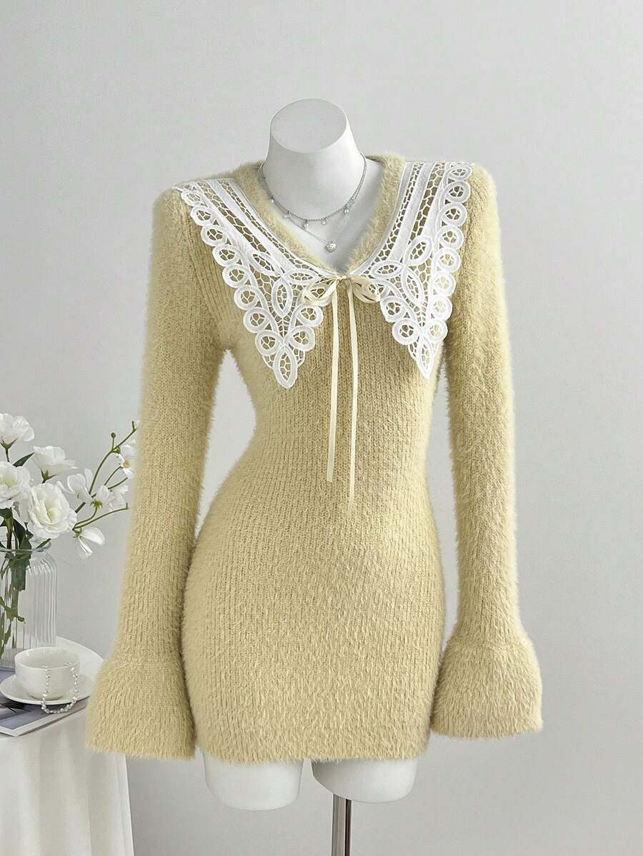 Elamini Y2K Romantic Elegant Girl Fitted Knit Sweater Dress Solid Color Lace Bow Short Autumn/Winter Tea Party Everyday Cream White - Yellow - View 1