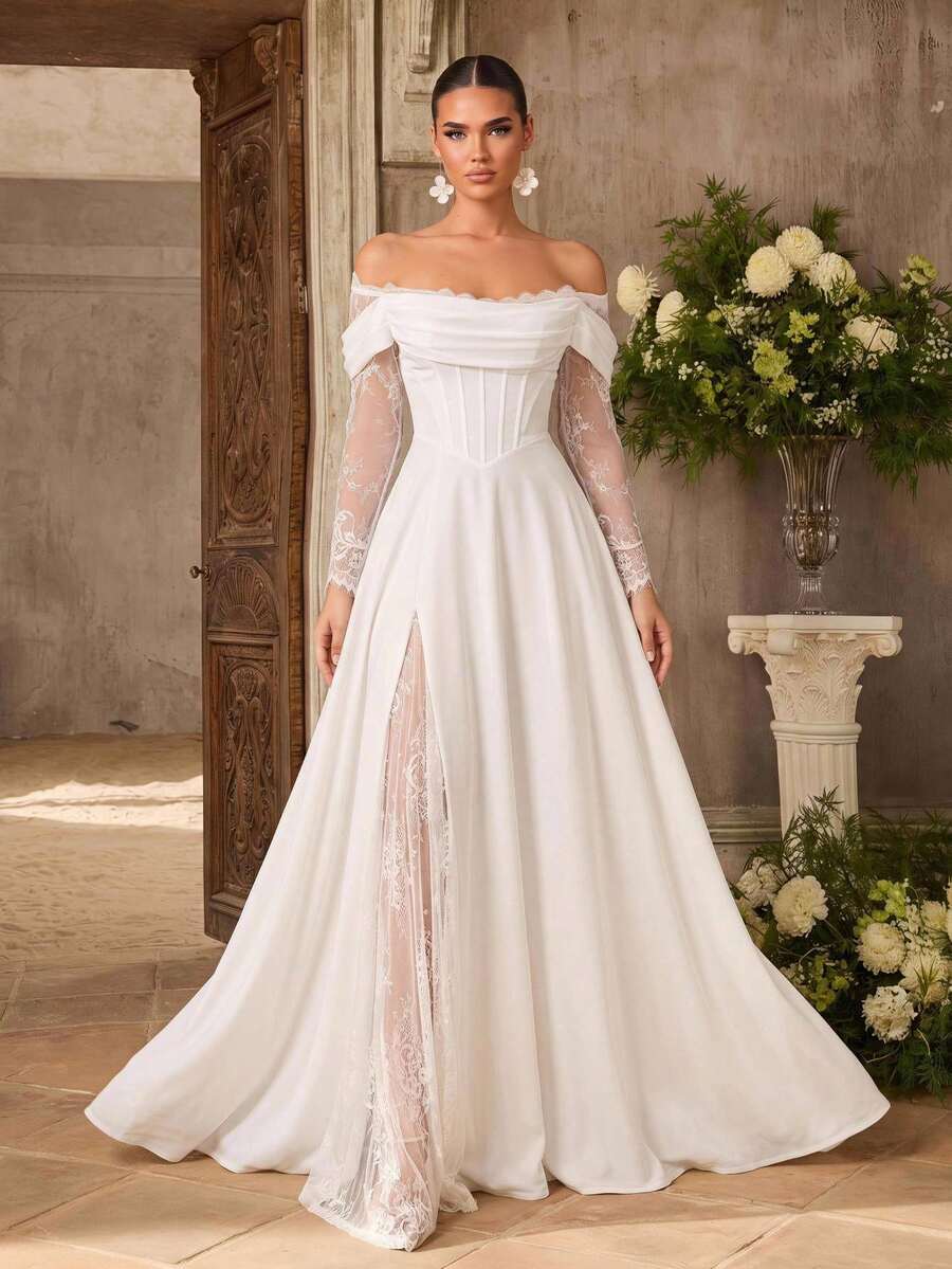 Aureia Elegant Luxurious White Elastic Knit Contrast Lace Cold Shoulder Sheer Sleeve Ruched V-Waist A-Line Hem Wedding Event Bridal Gown Evening Dress - White - View 1