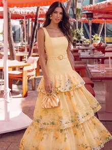 Anewsta Summer Romantic Floral Print Dress, Square Neck Waist Belt Design, Elegant Ruffle Hem, Suitable For Vacation, Party, And Formal Occasions - Light Yellow - View 3