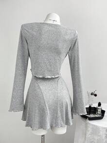 Elamini 2件組女款甜美蕾絲飾邊拼接A字洋裝與短外套套裝，休閒校園與辦公穿搭 - 淺灰色 - 查看 2