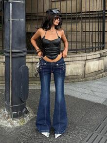 Jeanoix Y2K Women's Outdoor All-Season Low Waist Button-Front Blue Denim Jeans - Dark Wash - View 7