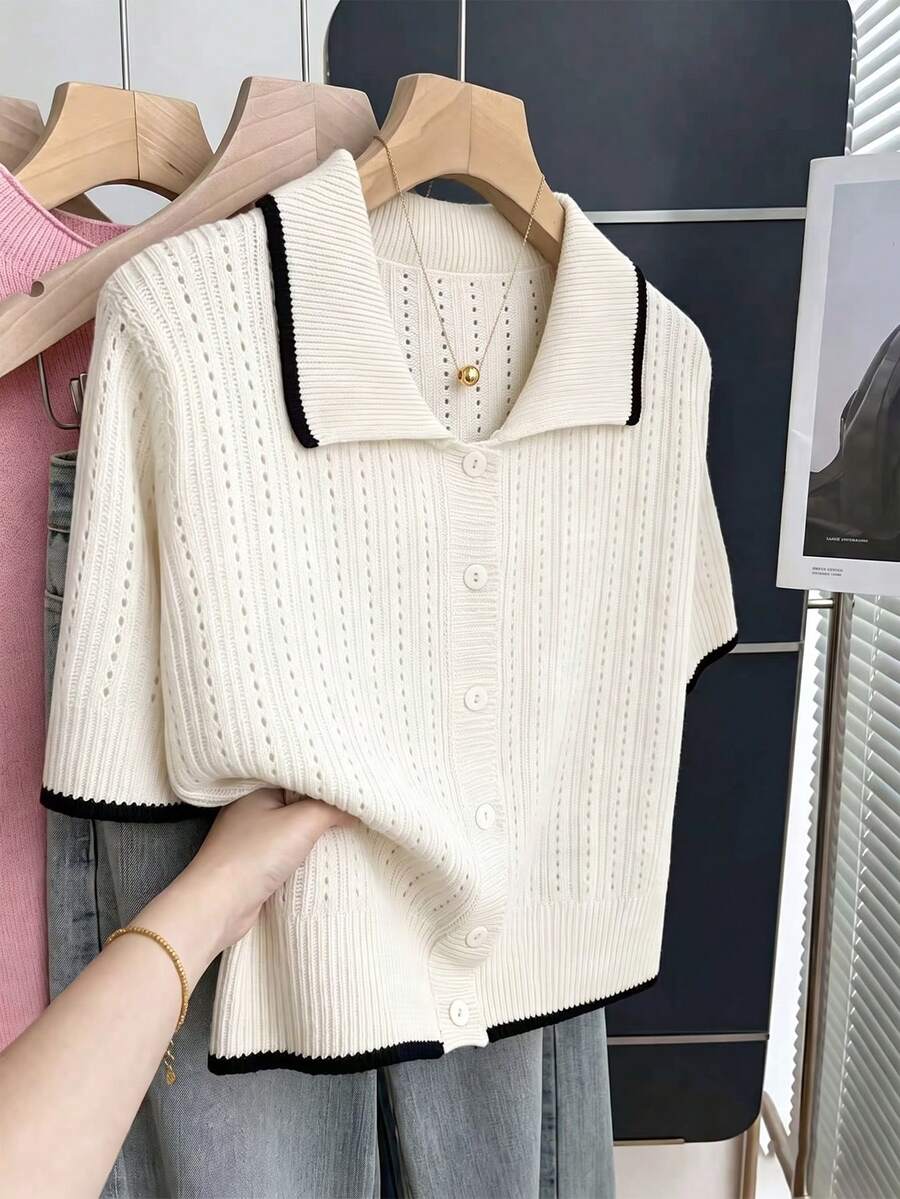 SHEIN Franclia 女士休闲宽松 Polo 领短袖镂空针织撞色滚边开衫,春夏款 - 米色 - 查看 1