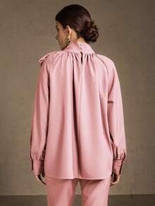 MOTF WOMEN'S PREMIUM OVERSIZED BOW TIE RUCHED LANTERN SLEEVE BLOUSE - Pink - View 7