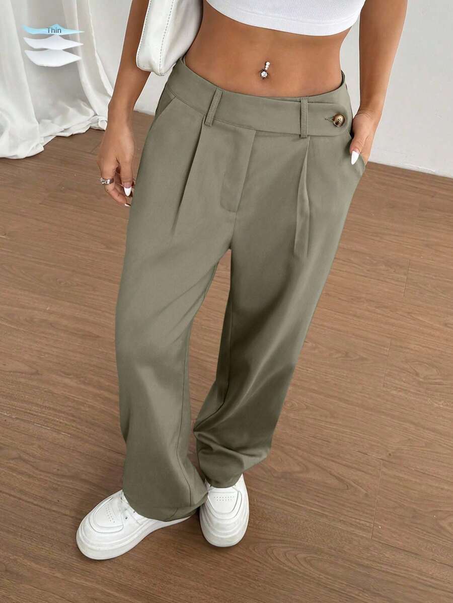SHEIN Unity 1 buah Celana Khaki Wanita Model Pinggang Asimetris Kasual, untuk Sehari-hari, Berpergian, dan Berbelanja - Olive Green - View 1
