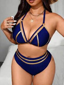 Swim SXY Set Bikini Segitiga Metalik Model Halter 2 Potong Ukuran Plus, Pakaian Renang Seksi untuk Liburan Pantai - Biru - View 1