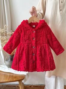 SHEIN 女嬰紅色珊瑚保暖連帽長袖外套，保暖內裡加厚，時尚百搭，適合室內外活動，秋冬款 - 紅色 - 查看 1