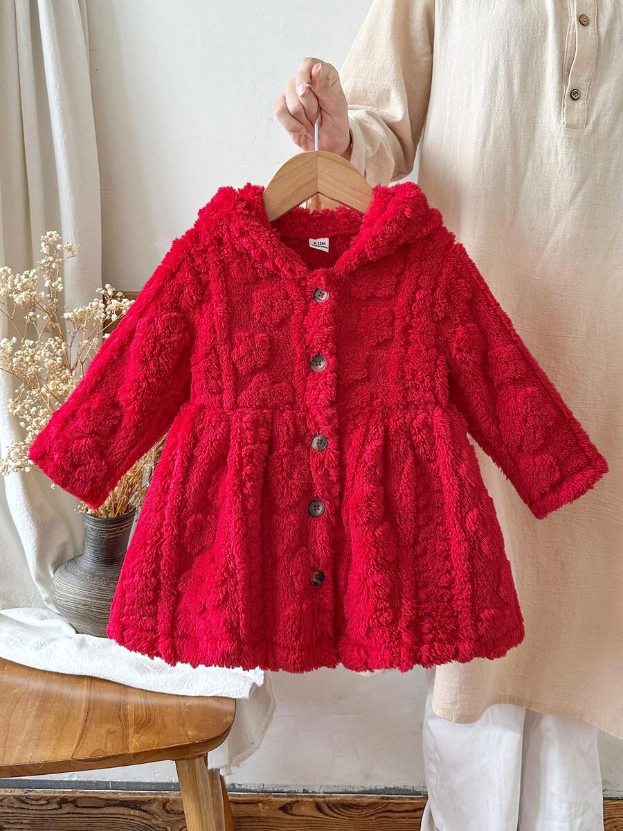SHEIN 女嬰紅色珊瑚保暖連帽長袖外套,保暖內裡加厚,時尚百搭,適合室內外活動,秋冬款 - 紅色 - 查看 1