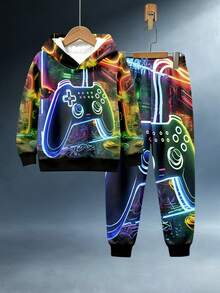 1 Set Ragazzi Giovani Casual alla Moda Felpa con Cappuccio Stampa Spaziale Console di Gioco Neon Colorata + Pantaloni, Abbigliamento Scolastico Quotidiano Autunnale Ritorno a Scuola - Multicolore - Visualizzare 4