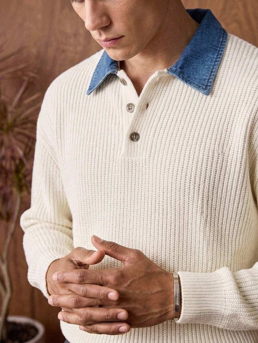 Manfinity Homme 男士復古拼色 Polo 領長袖休閒針織衫 - 米色 - 查看 1