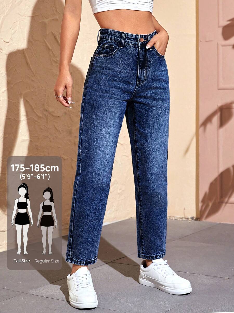 SHEIN Tall 女款口袋鈕扣拉鍊水洗百搭牛仔長褲 - 藍色 - 查看 1