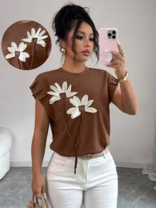 Elenzga Women's Plus Size Round Neck 3D Floral Pattern Casual Versatile Daily Commute Ruffle Sleeve T-Shirt - Coffee Brown - View 1