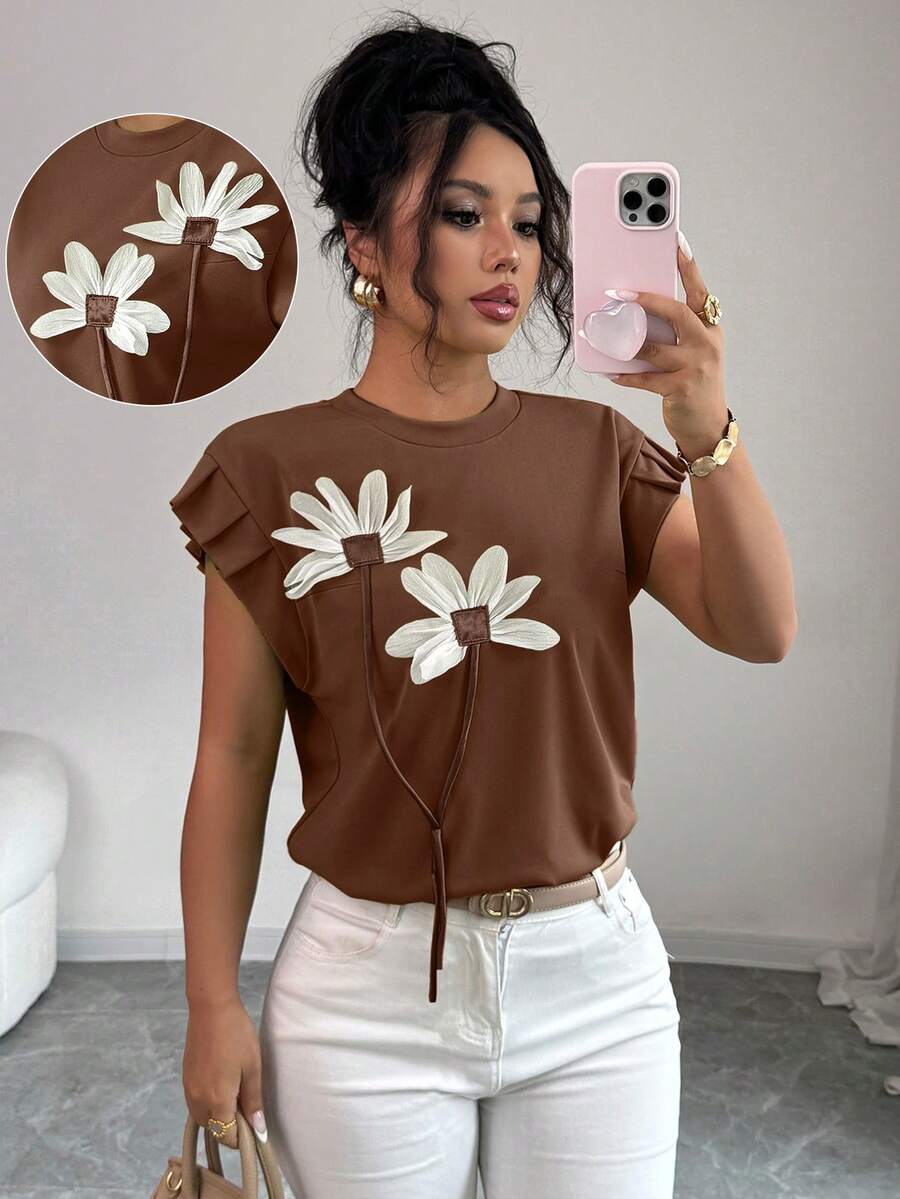 Elenzga Women's Plus Size Round Neck 3D Floral Pattern Casual Versatile Daily Commute Ruffle Sleeve T-Shirt - Coffee Brown - View 1