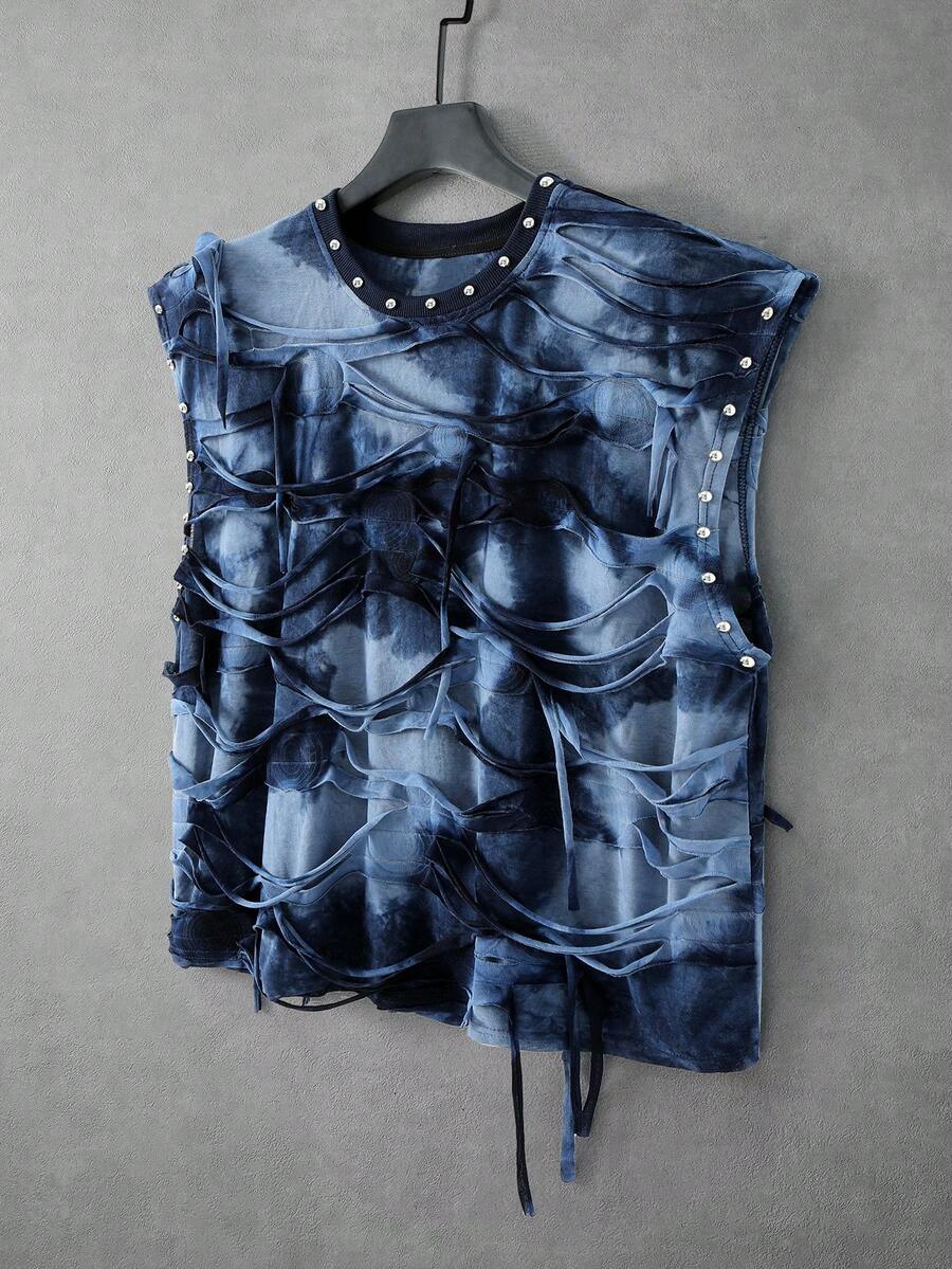 ROMWE MEN Street Life Men's Rivet Decor Distressed Loose Fit Tank Top - Blue - View 1