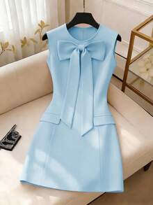 SHEIN Franclia 纯色圆领修身前蝴蝶结无袖女式连衣裙 - 藍色 - 查看 5