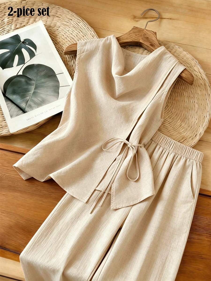 EMERY ROSE Conjunto de 2 piezas de top y pantalones de unicolor para mujer talla grande, casual para uso diario - Albaricoque - Ver 1