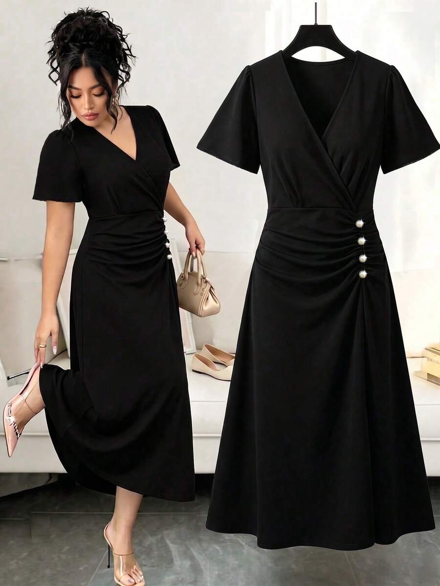 GlowEve CURVE Plus Size Women's Summer Autumn Elegant Casual Formal Cross V-Neck Ruffle Short Sleeve Side Ruched Pearl Button Black Mermaid Dress Teachers' Day - Black - View 1