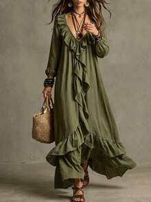 SHEIN Women's Loose Fit Long Dress With Ruffle Front Design - Green - View 4