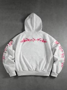 ROMWE MEN Men's Floral Print Colorblock Loose Fit Hoodie - Grey - View 3