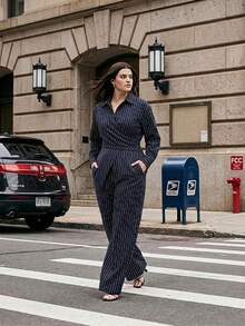 SHEIN Tall CURVE 大码休闲通勤条纹衬衫和裤子两件套，女式连体裤，藏蓝色连体裤，女士连体裤，女士工作连体裤 - 彩色 - 查看 10