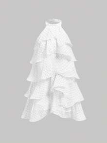 SHEIN MOD Vestido mini con cuello halter, espalda descubierta y volantes multicapa con lunares en blanco & negro - Blanco y Negro - Ver 5