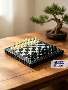 Foldable Magnetic Chess & Checkers Board Set With Storage Design, Portable 2-In-1 Tabletop Puzzle Game For Family Entertainmen - Black and White - View 1