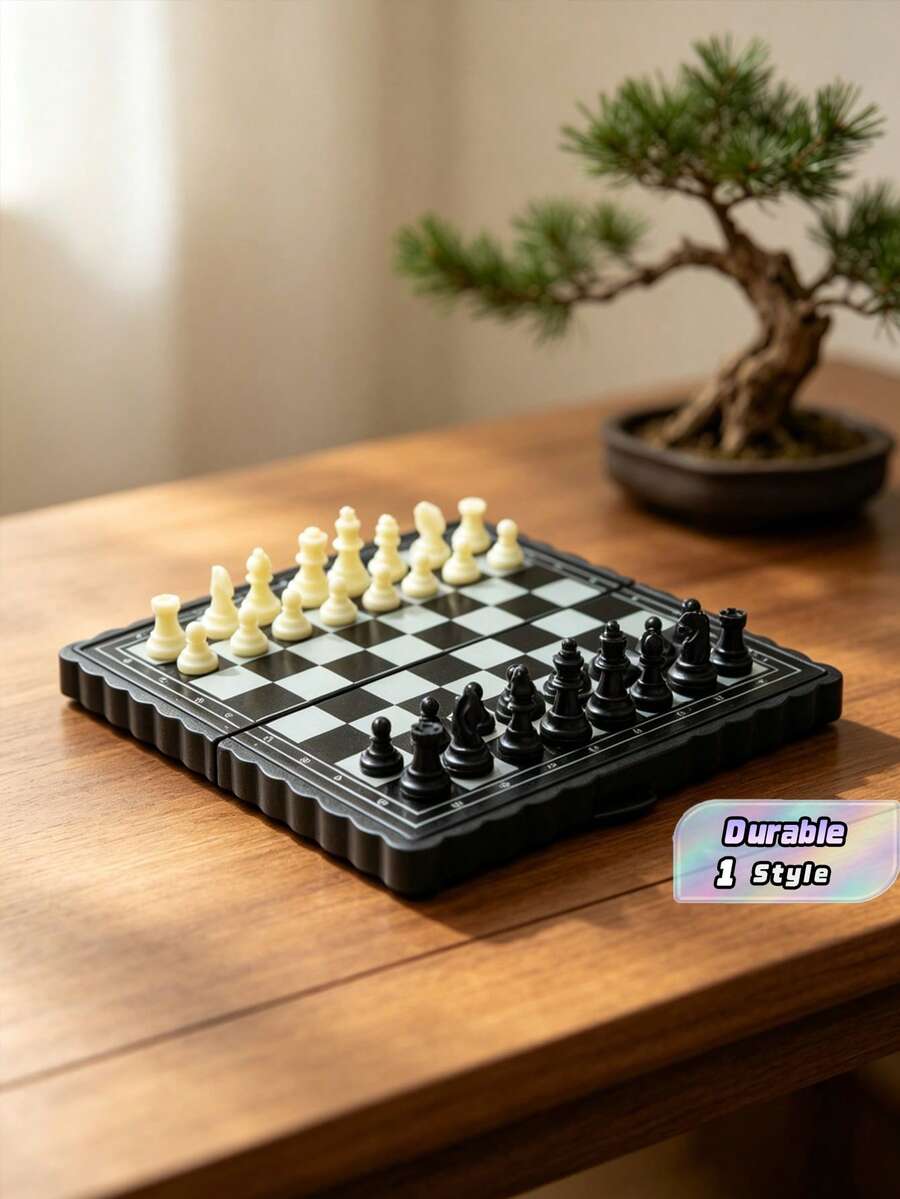 可折疊磁性西洋棋與棋盤遊戲套裝，附收納設計，便攜式 2 合 1 桌上益智遊戲，適合家庭娛樂 - 黑白 - 查看 1