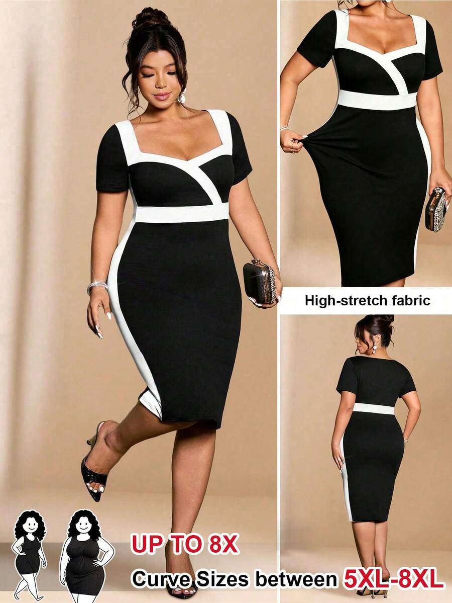 SHEIN CURVE+ 大尺碼女款拼色短袖貼身修身優雅通勤洋裝 - 黑與白 - 查看 1