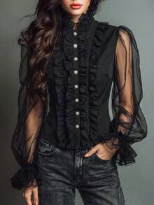 LUMIGAL Vintage Elegant Women's Fitted Blouse With Ruffle Trim, Sheer Puff Flare Long Sleeves - Black - View 3