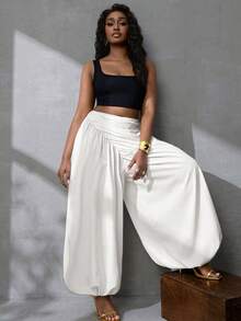 BamGlimmer Women's Solid Color High Waist Pleated Wide Leg Loose Cuffed Long Pants - White - View 8