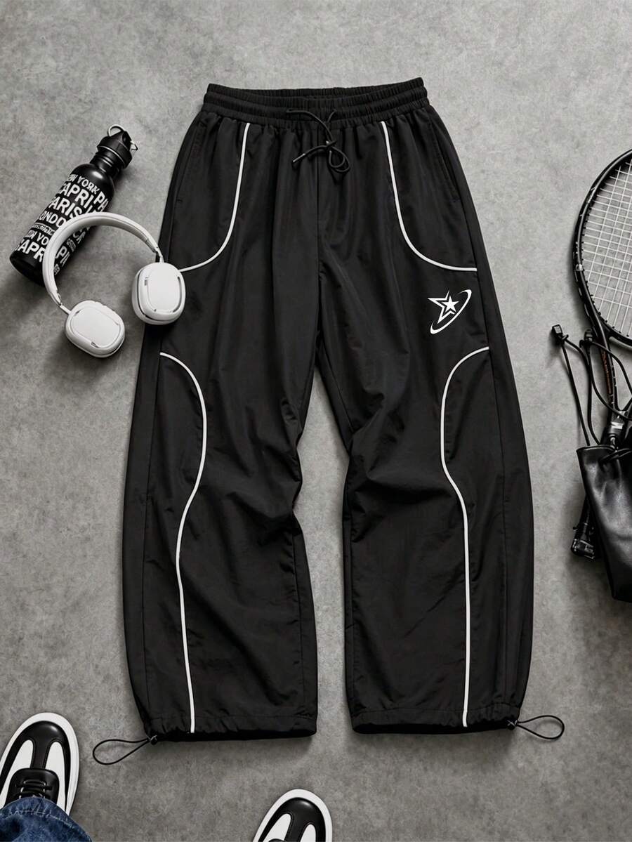 Sport MetroGents 男士寬鬆版抽繩腰星形印花運動長褲 - 黑色 - 查看 1
