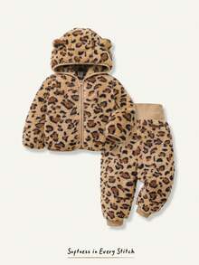 Cozy Pixies Baby Girl Leopard Print Hooded Fleece Winter Jacket & Belly-Covering Mid-Weight Long Pants Set - Camel - View 1